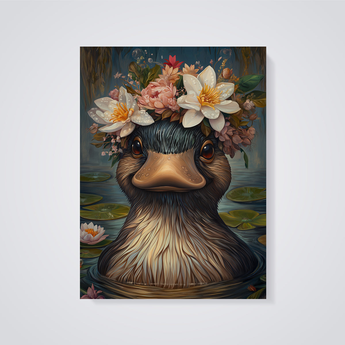 Floral Crown Duck Portrait Print unframed on a grey background