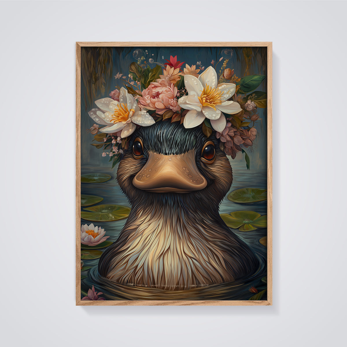 Floral Crown Duck Portrait Print framed in oak on a grey background