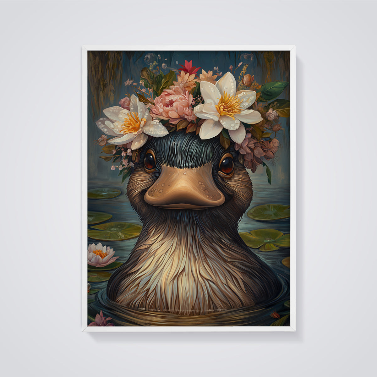 Floral Crown Duck Portrait Print framed in white on a grey background