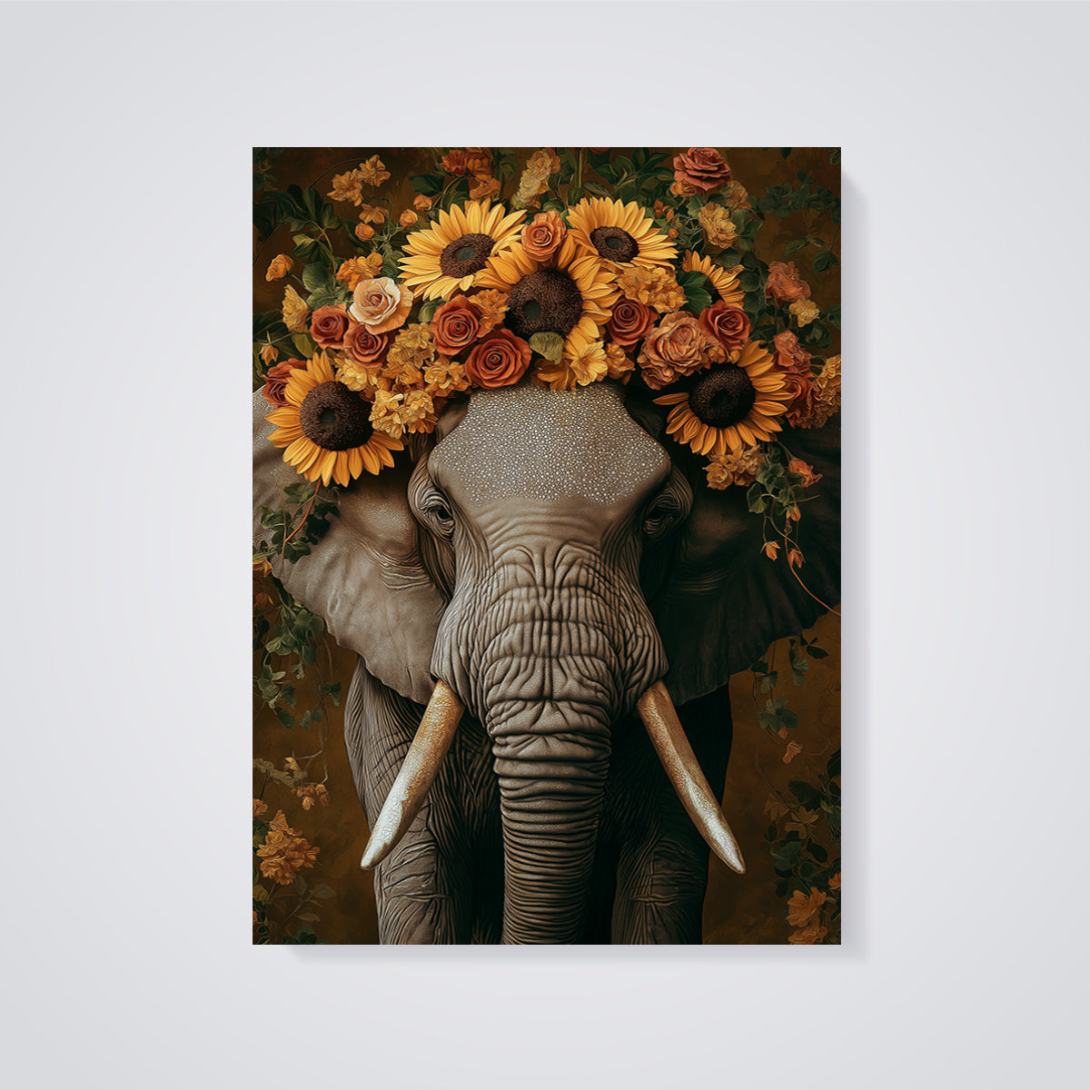 Floral Crown Elephant Print unframed on a grey background