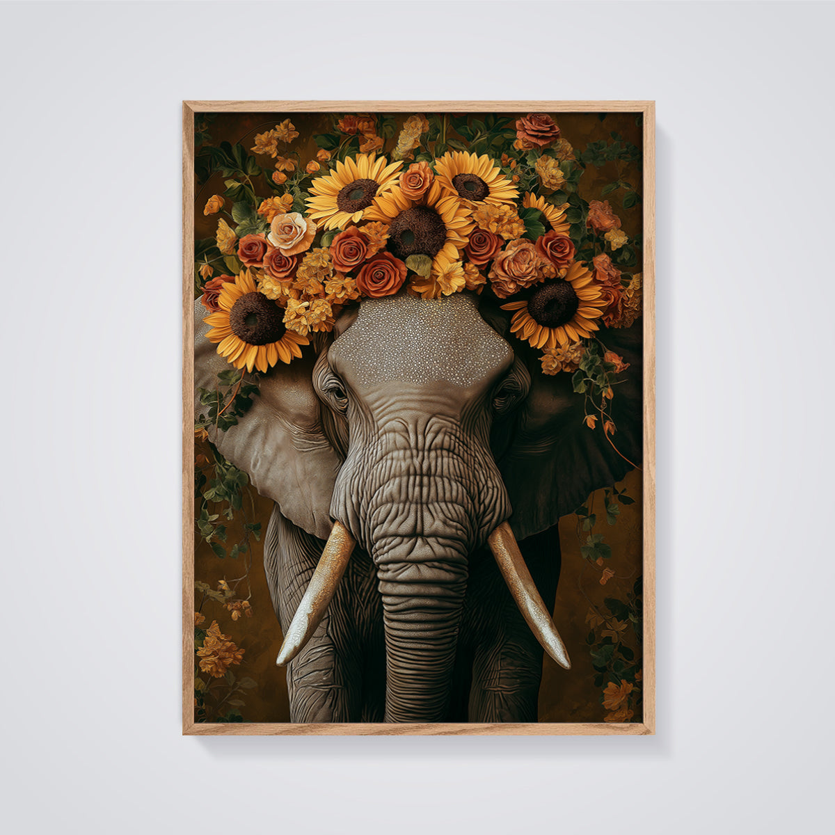 Floral Crown Elephant Print framed in oak on a grey background