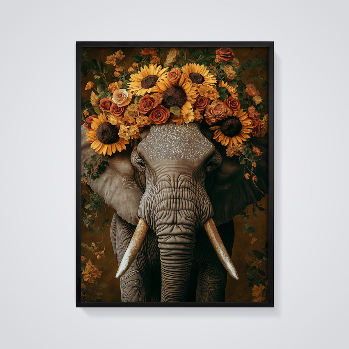 Floral Crown Elephant Print framed in black on a grey background