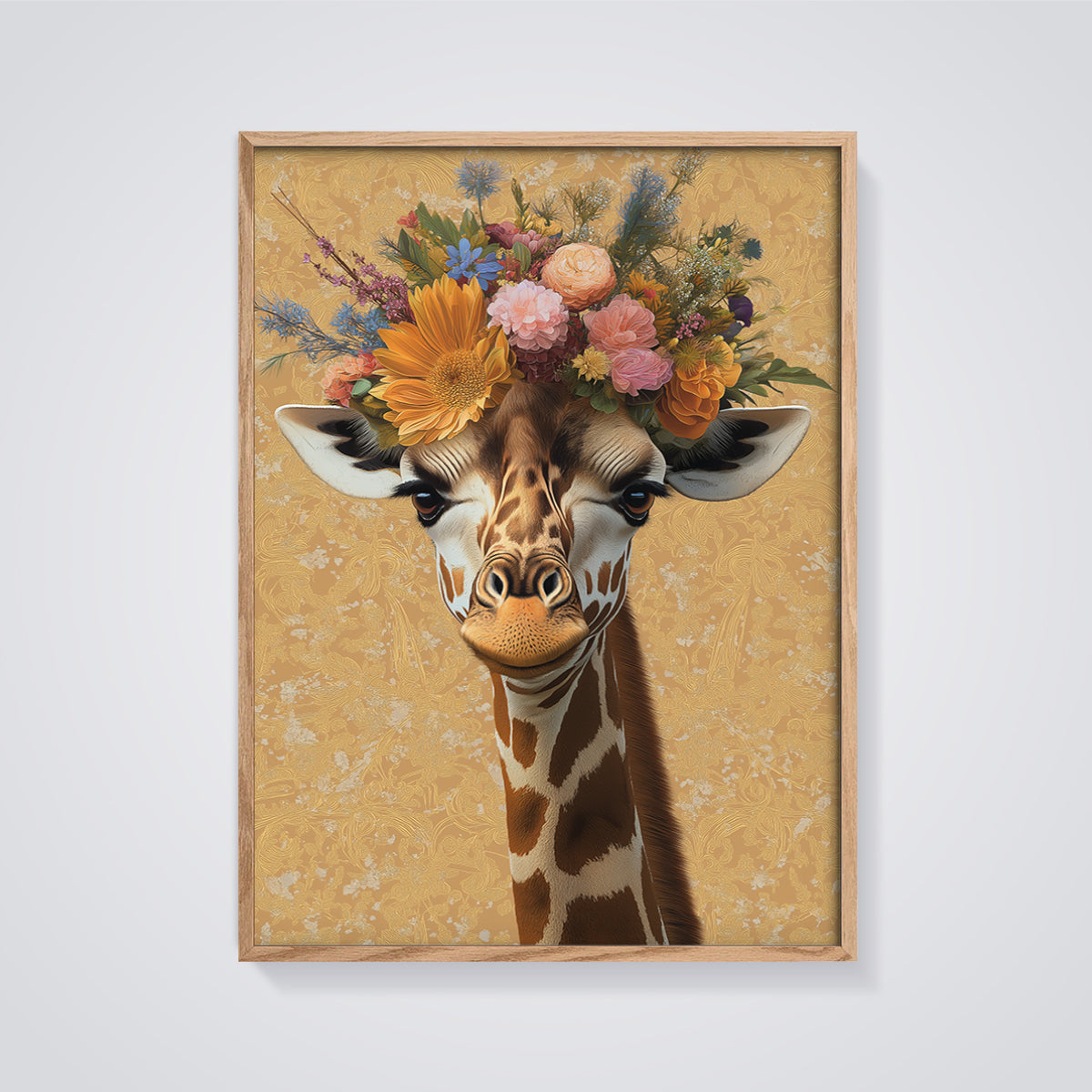 Floral Crown Giraffe Print framed in oak on a grey background