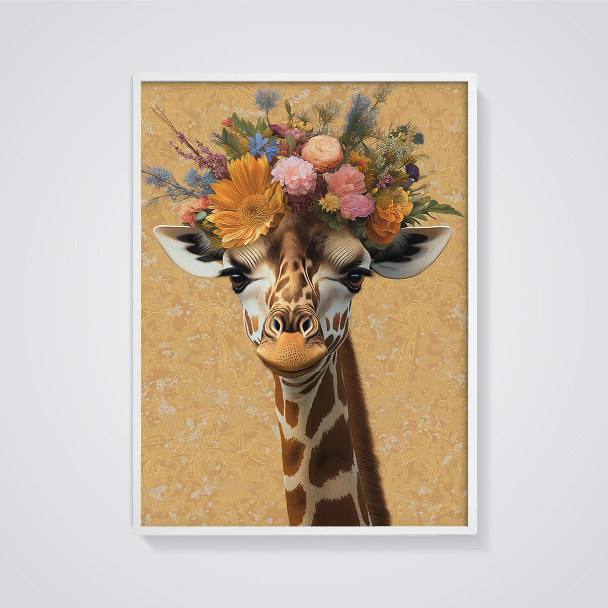 Floral Crown Giraffe Print framed in white on a grey background