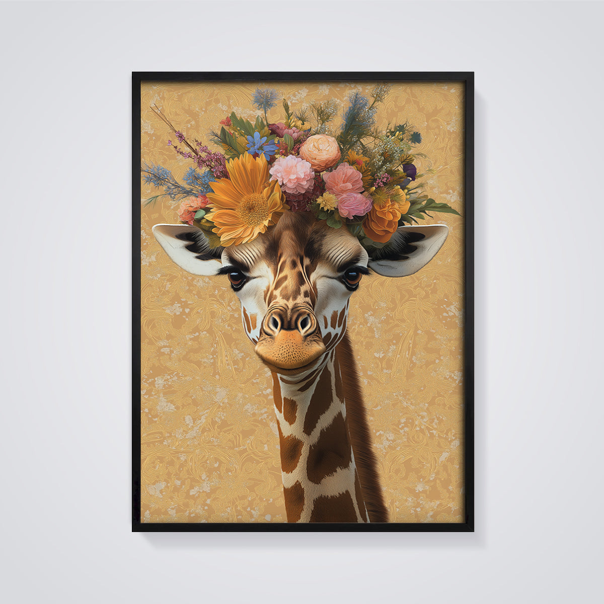 Floral Crown Giraffe Print framed in black on a grey background