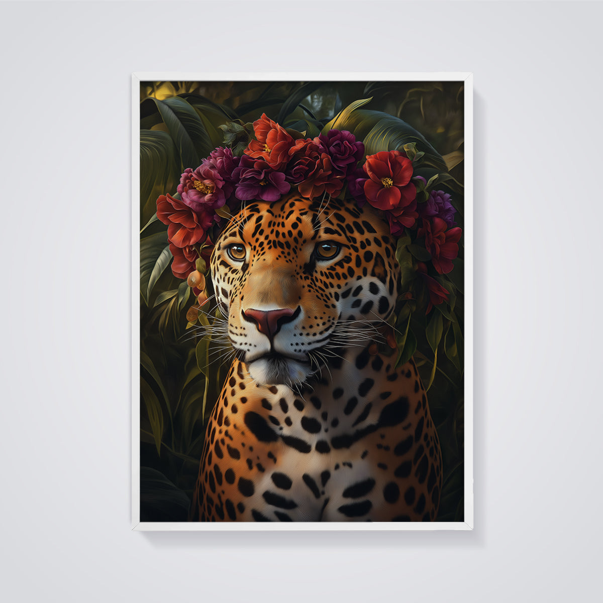 Floral Crown Jaguar Print framed in white on a grey background