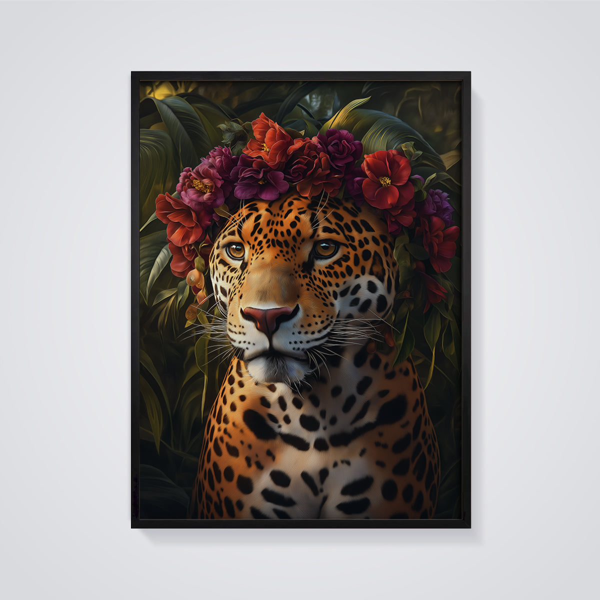 Floral Crown Jaguar Print framed in black on a grey background