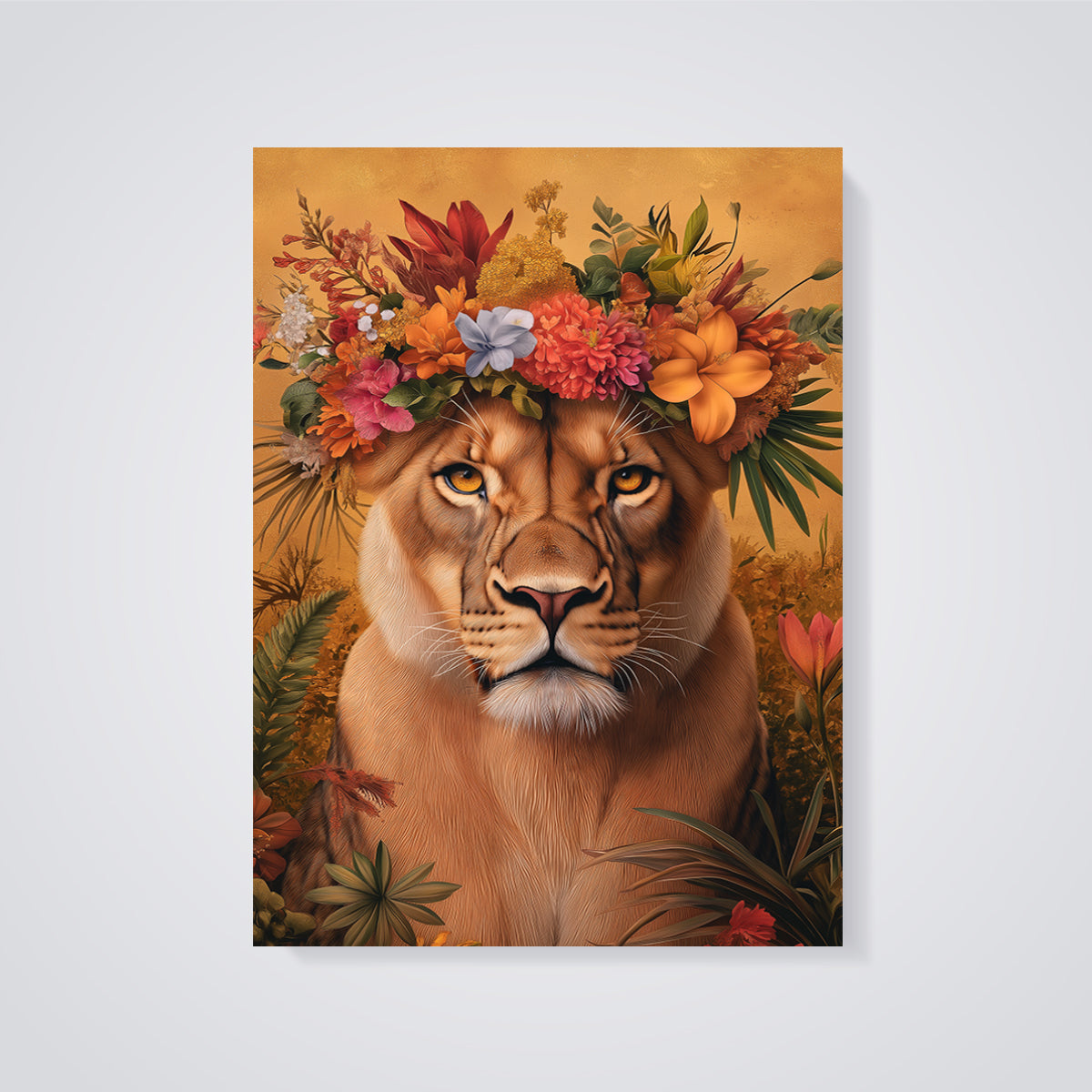 Floral Crown Lioness Print unframed on a grey background
