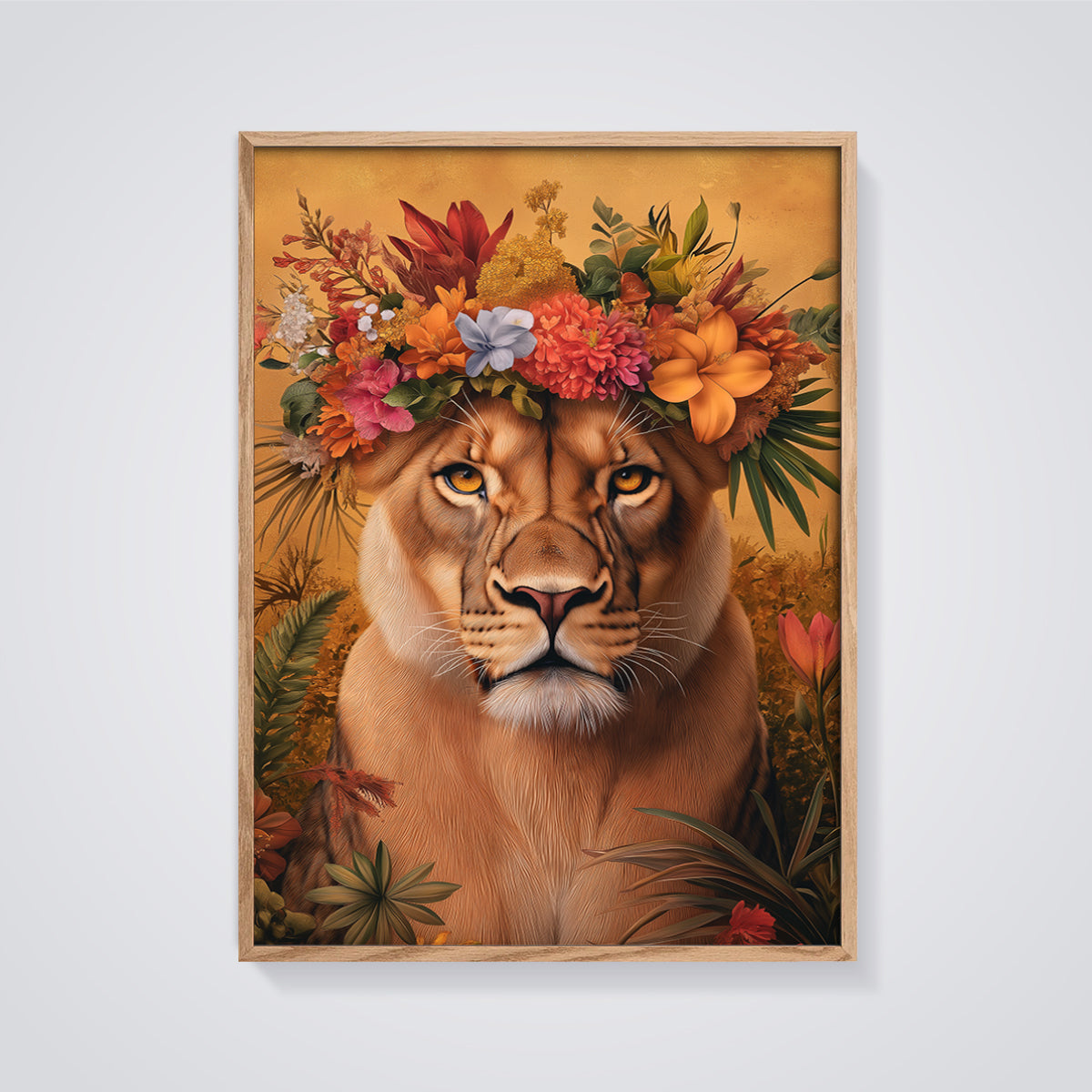 Floral Crown Lioness Print framed in oak on a grey background