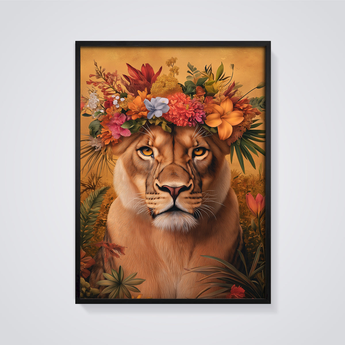 Floral Crown Lioness Print framed in black on a grey background