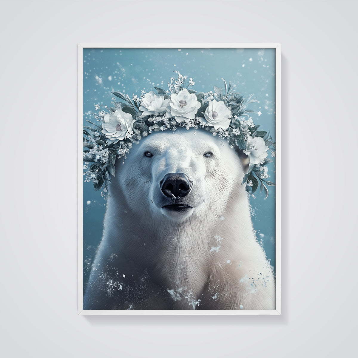 Floral Crown Polar Bear Print framed in white on a grey background