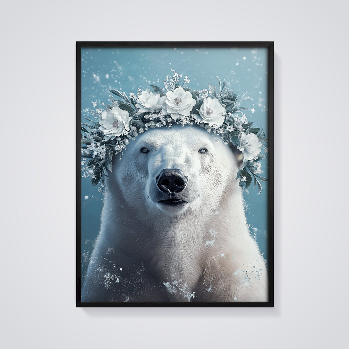 Floral Crown Polar Bear Print framed in black on a grey background