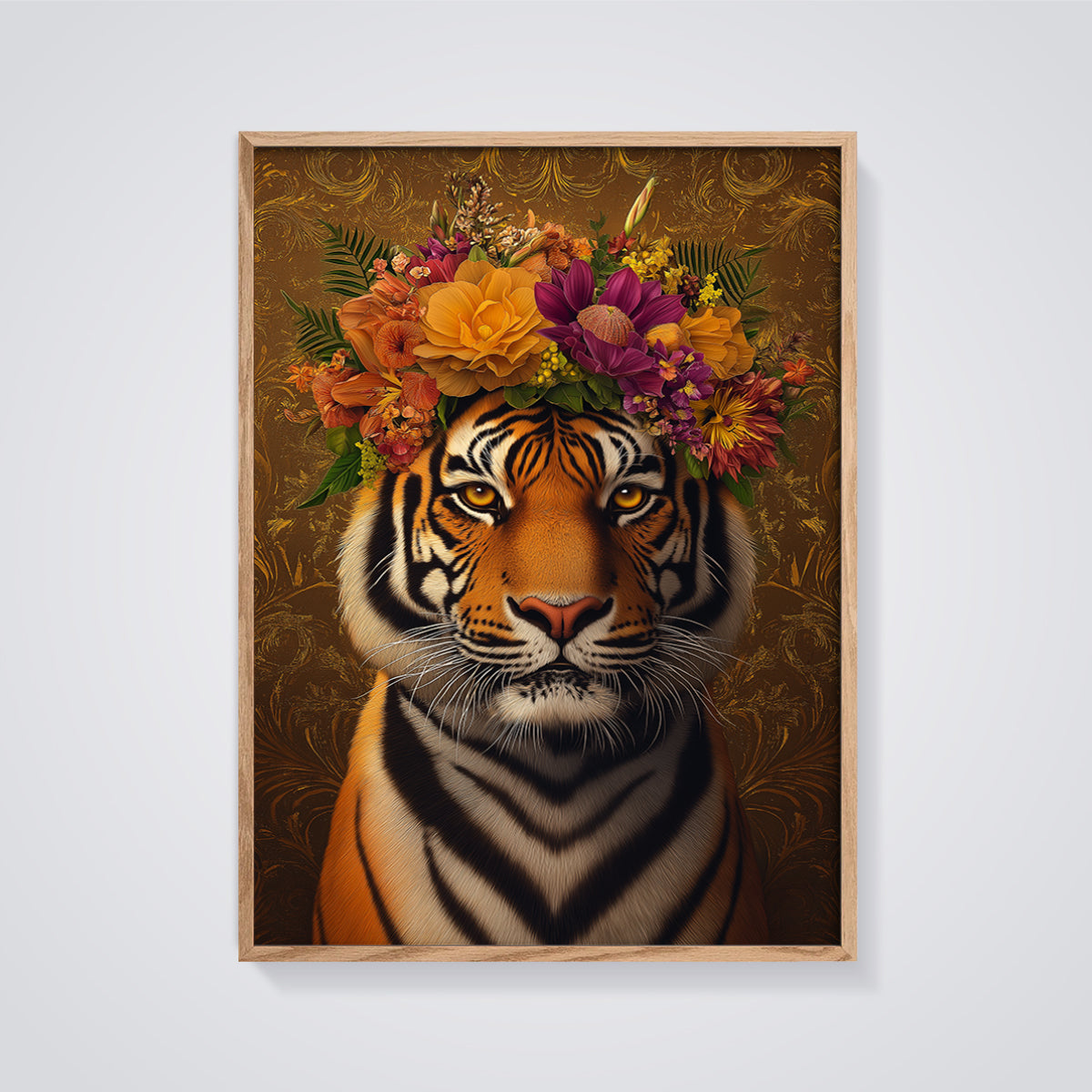 Floral Crown Tiger Print framed in oak on a grey background