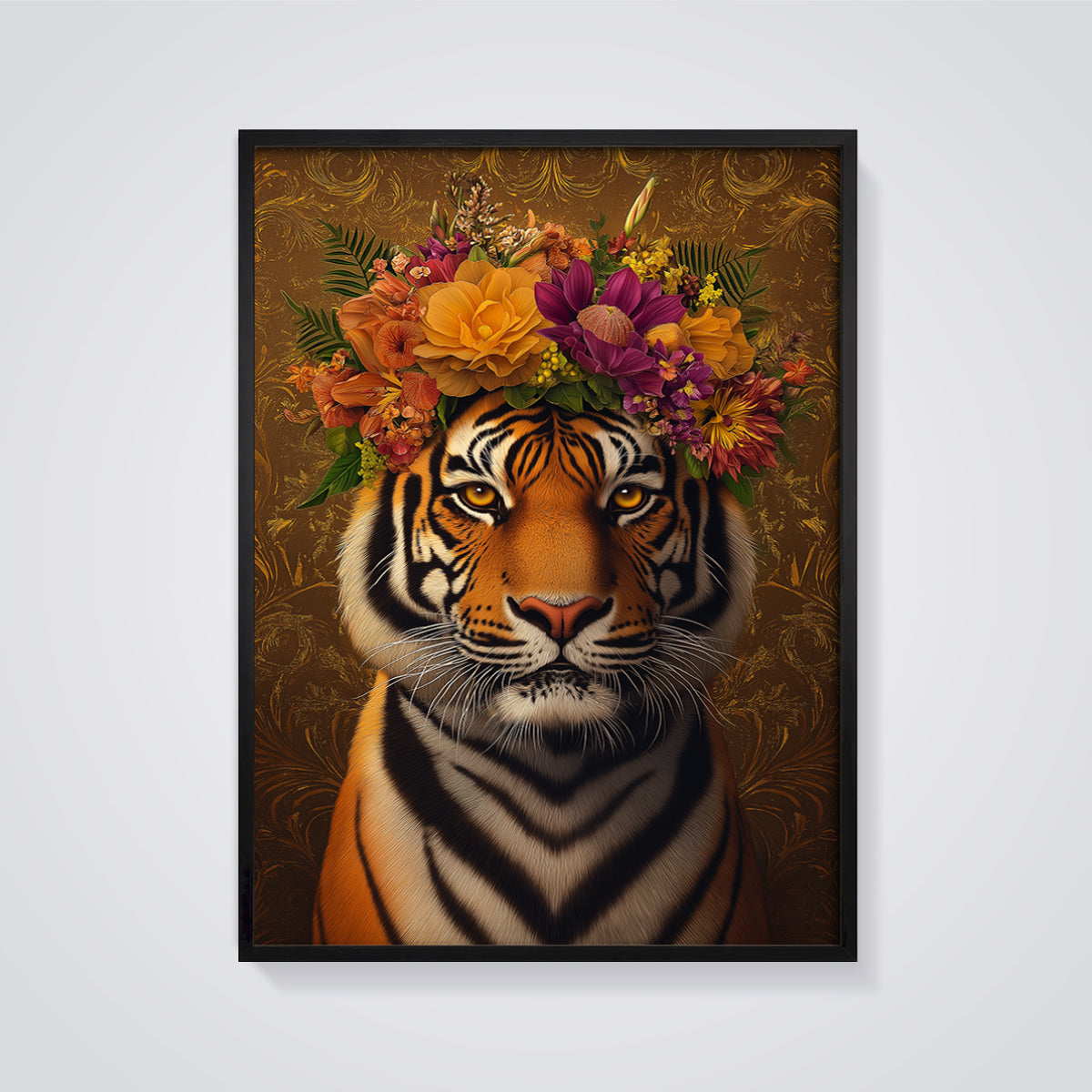 Floral Crown Tiger Print framed in black on a grey background