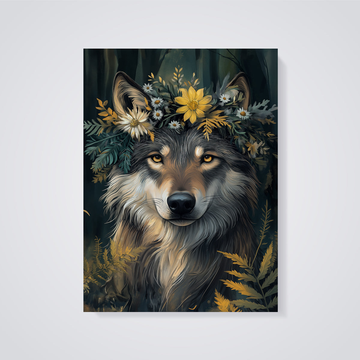 Floral Crown Wolf Print unframed on a grey background