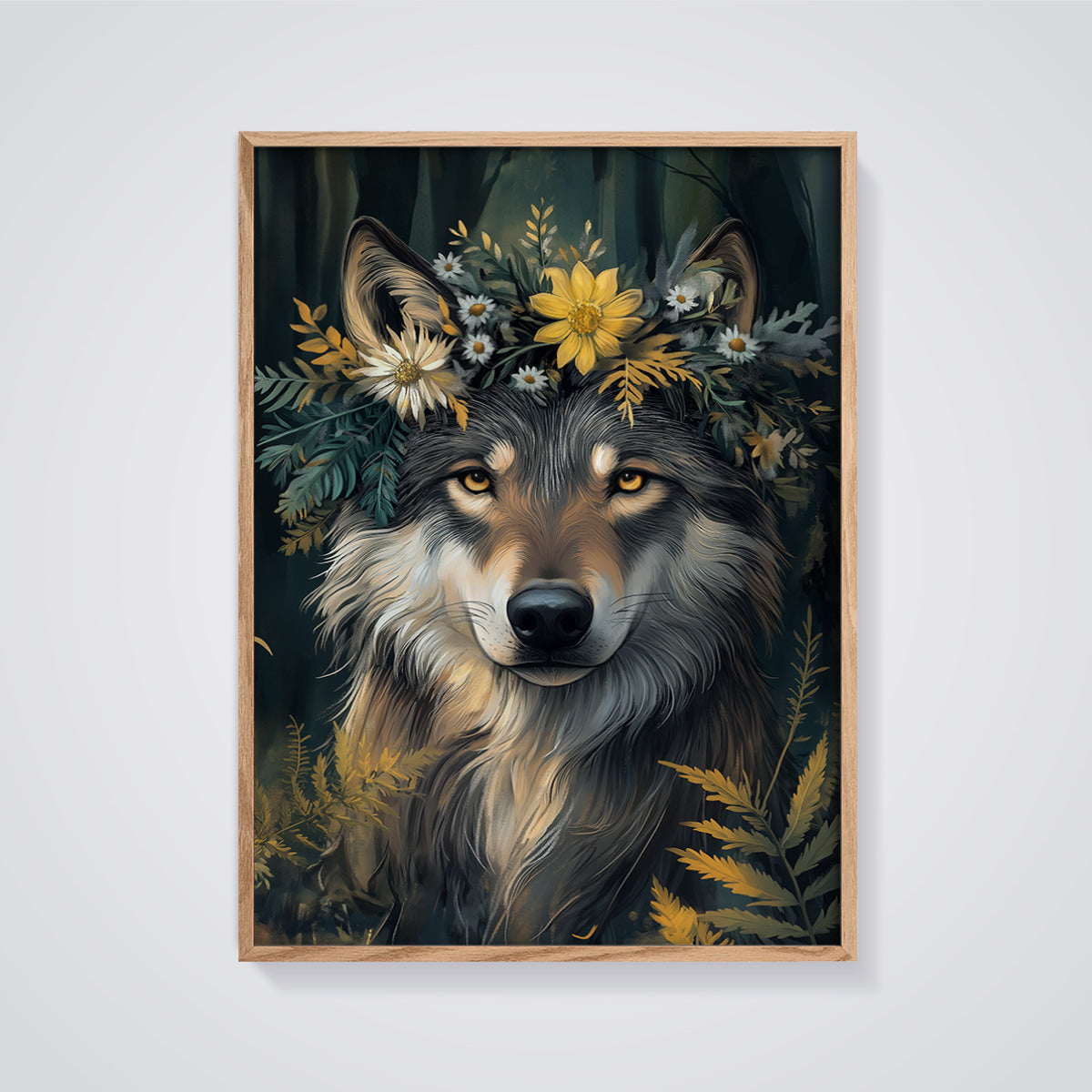Floral Crown Wolf Print framed in oak on a grey background