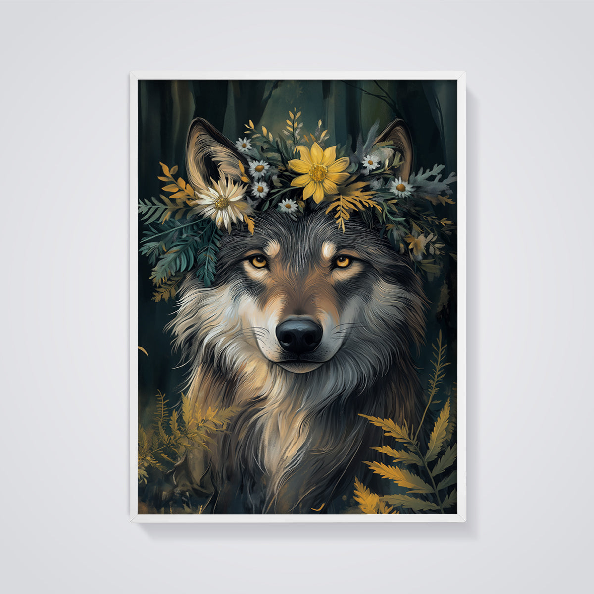 Floral Crown Wolf Print framed in white on a grey background