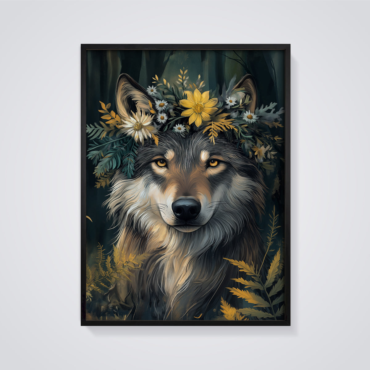Floral Crown Wolf Print framed in black on a grey background