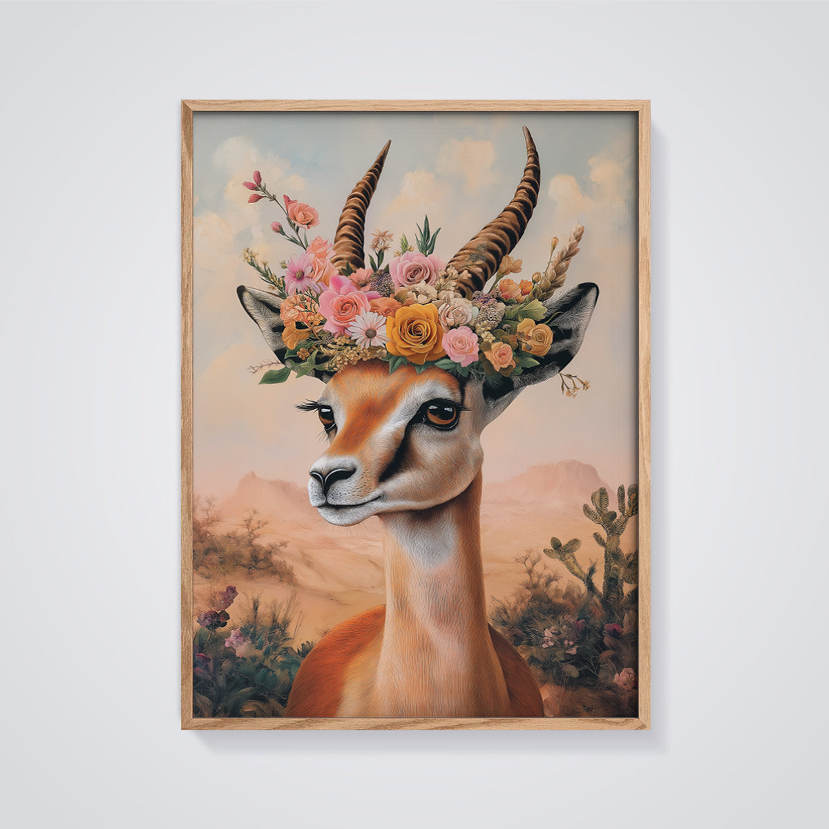 Floral Gazelle Print framed in oak on a grey background