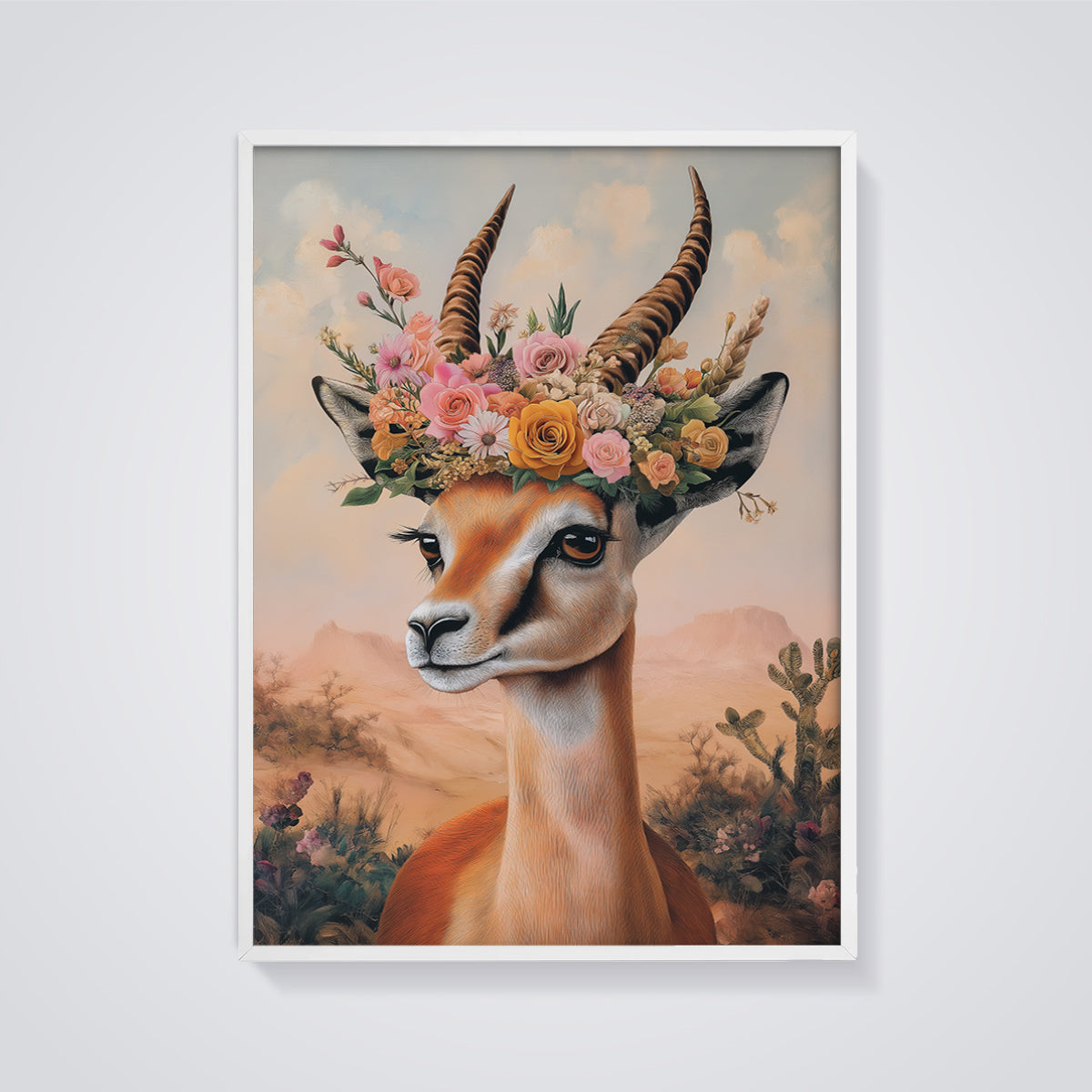 Floral Gazelle Print framed in white on a grey background