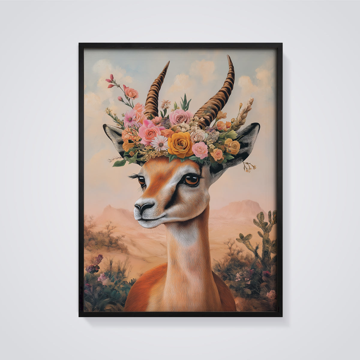 Floral Gazelle Print framed in black on a grey background