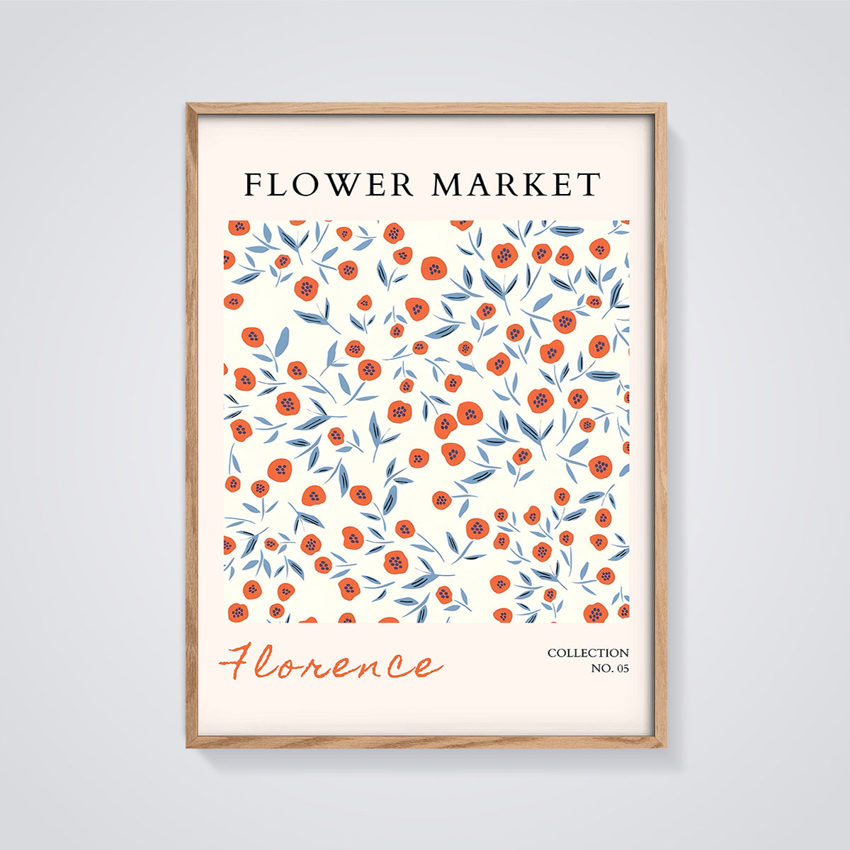 Florence Flower Market Print framed in oak on a grey background