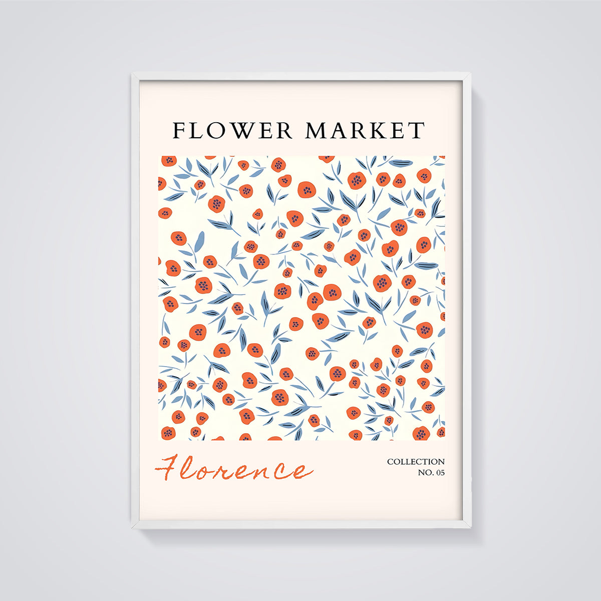Florence Flower Market Print framed in white on a grey background
