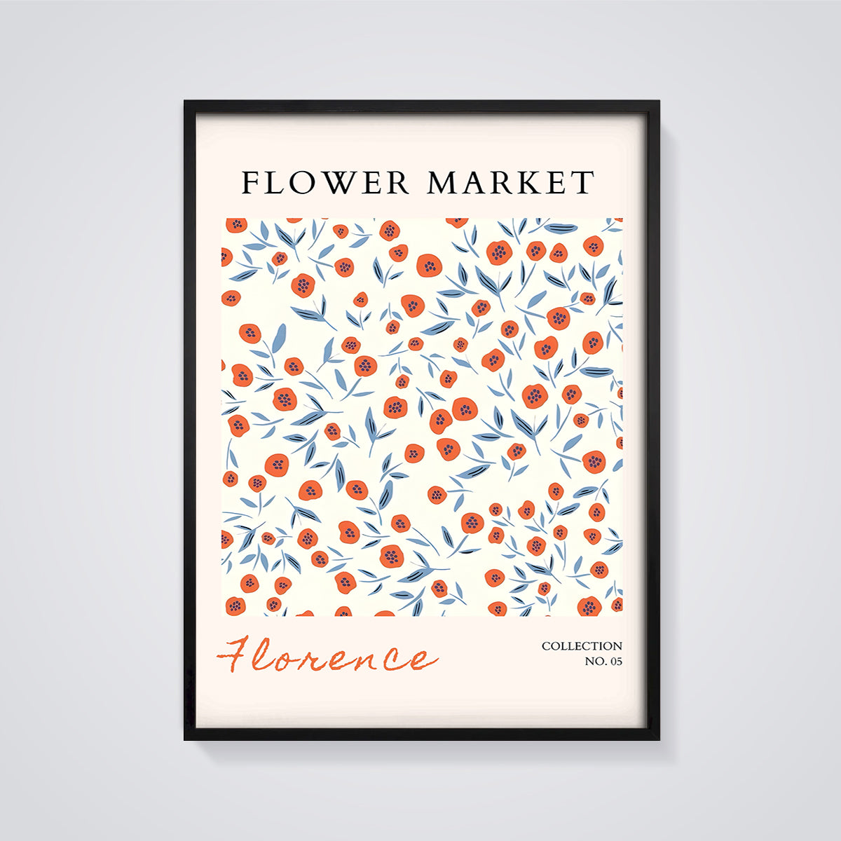 Florence Flower Market Print framed in black on a grey background