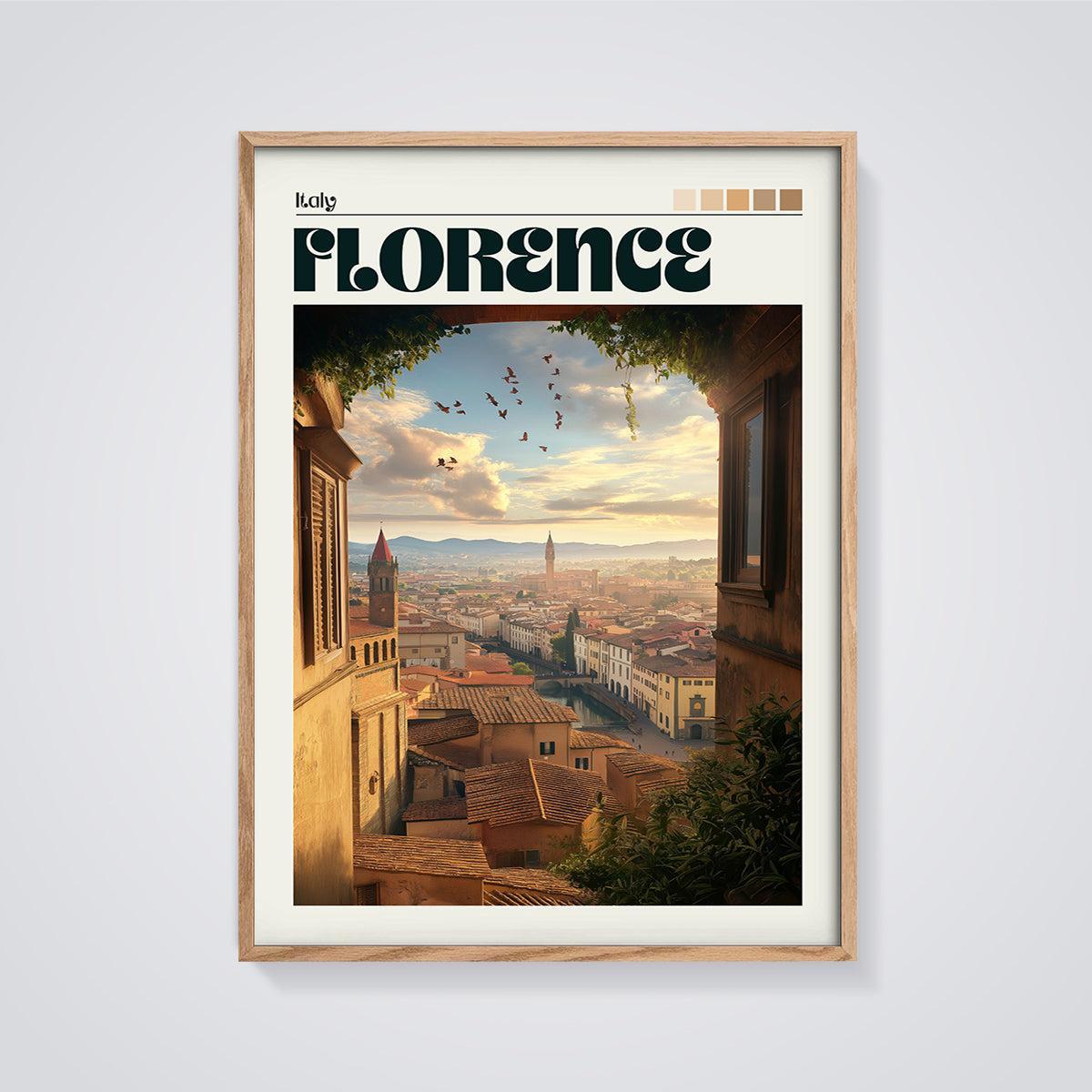 Florence Window View Print framed in oak on a grey background