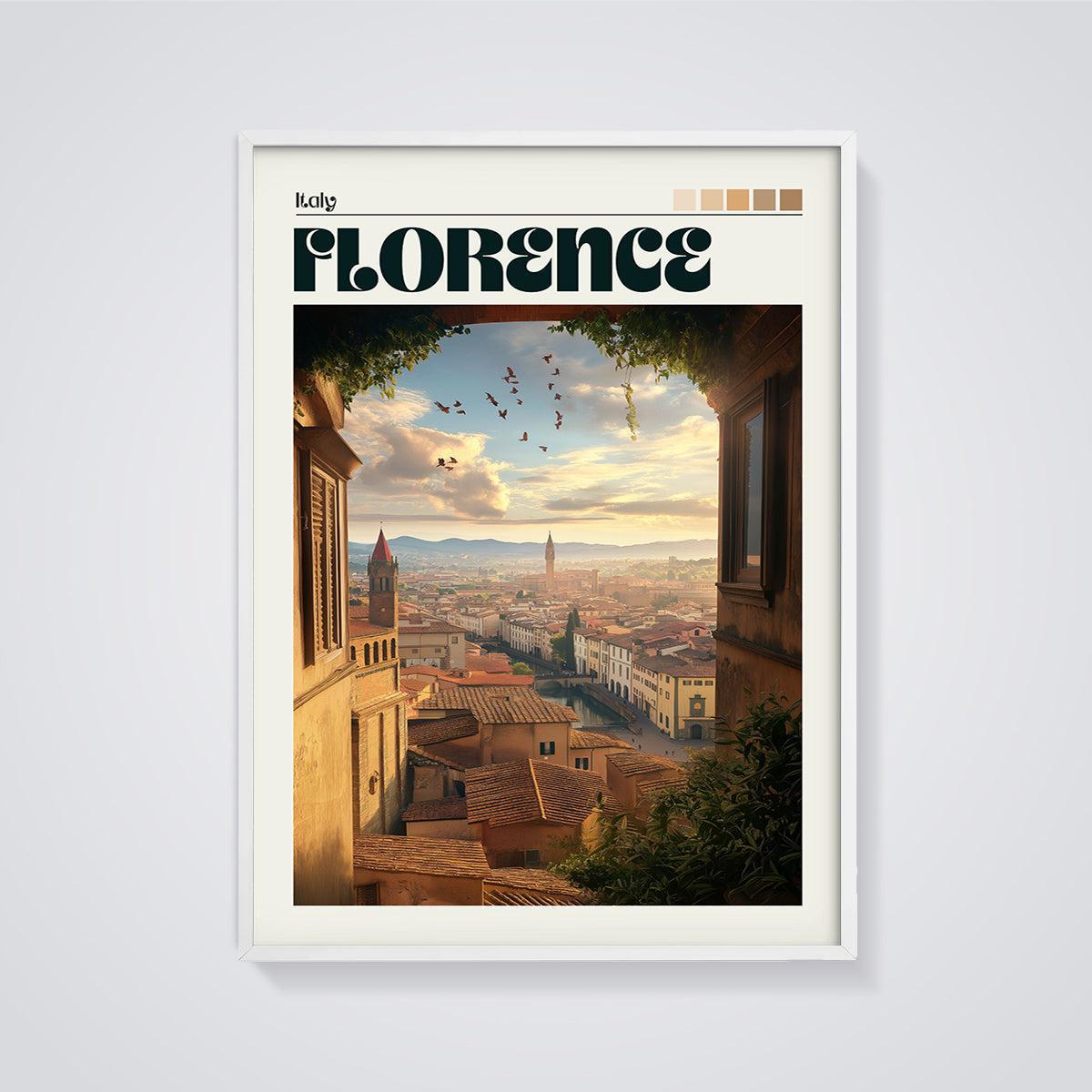Florence Window View Print framed in white on a grey background
