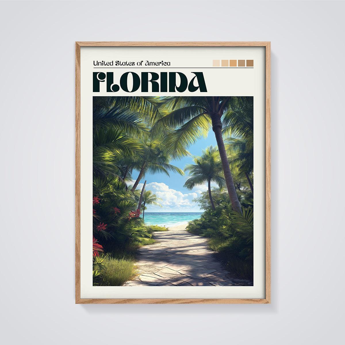 Florida Beach Path Print framed in oak on a grey background