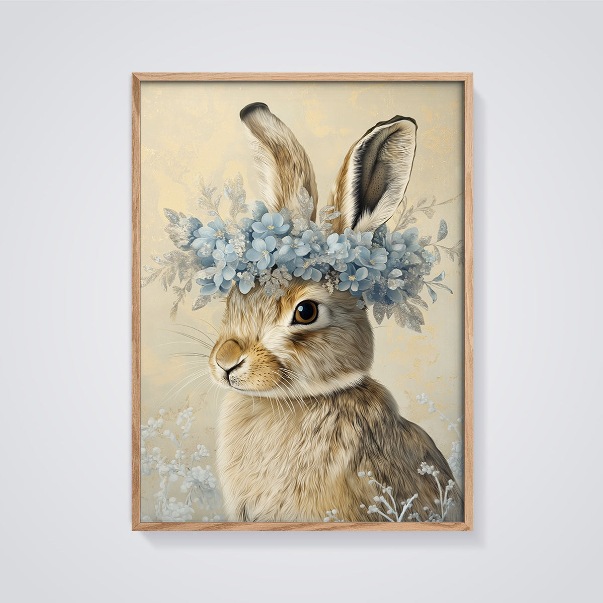 Flower Crown Rabbit Print framed in oak on a grey background