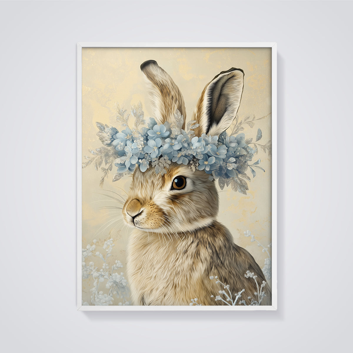Flower Crown Rabbit Print framed in white on a grey background