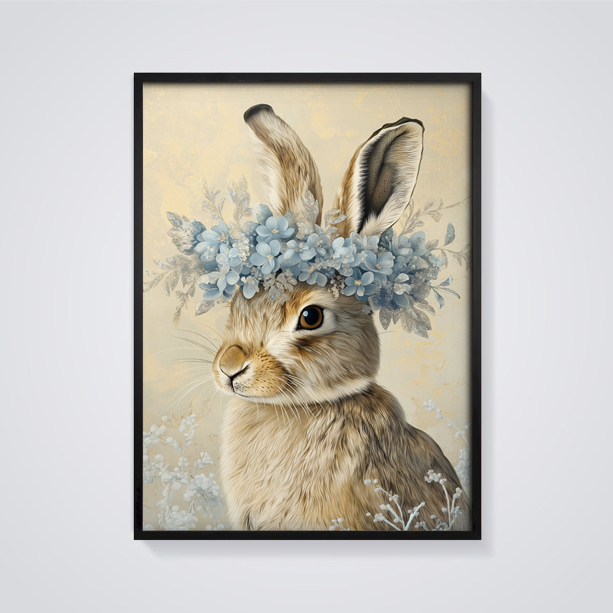 Flower Crown Rabbit Print framed in black on a grey background