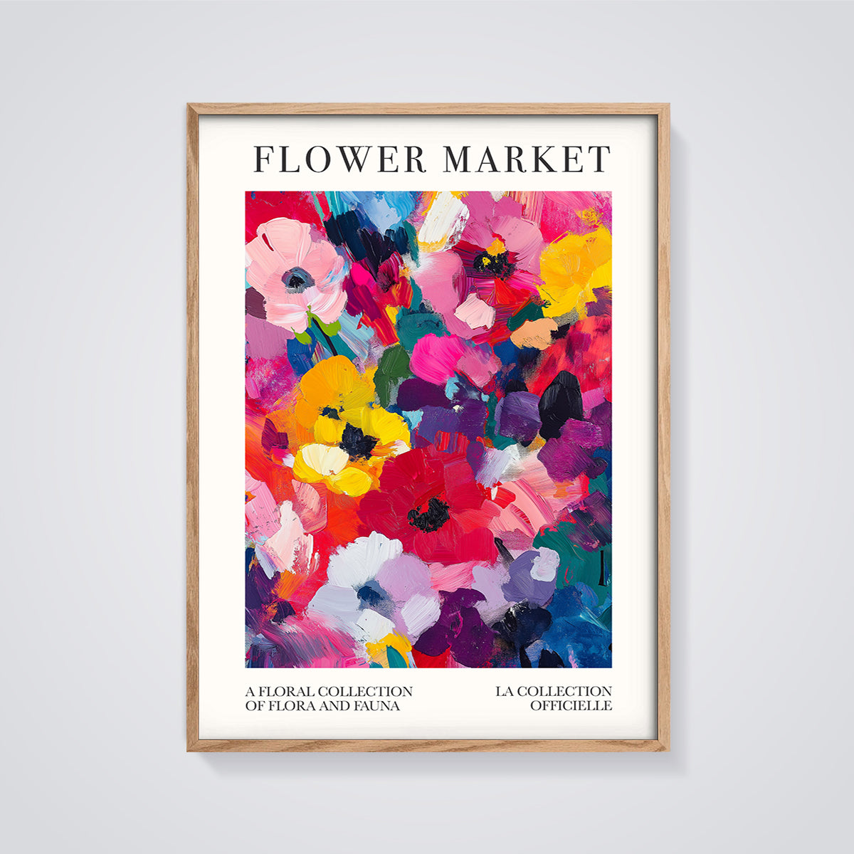 Flower Market Abstract Floral Print framed in oak on a grey background