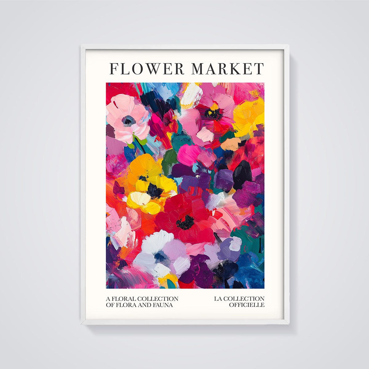 Flower Market Abstract Floral Print framed in white on a grey background