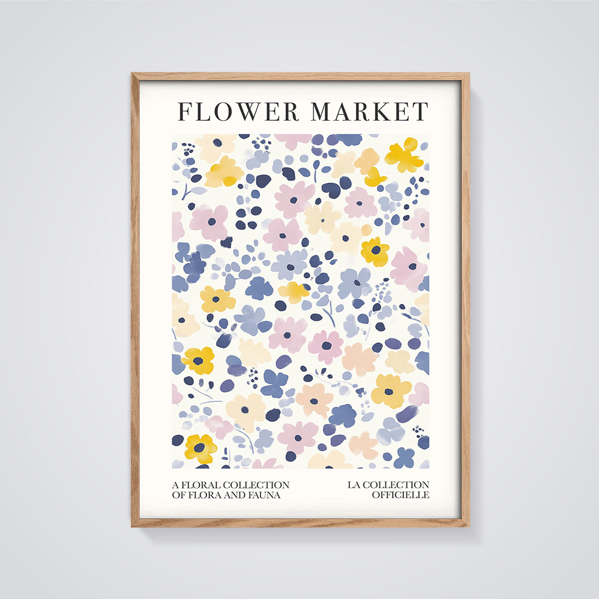 Flower Market Abstract Floral Print Aesthetic framed in oak on a grey background