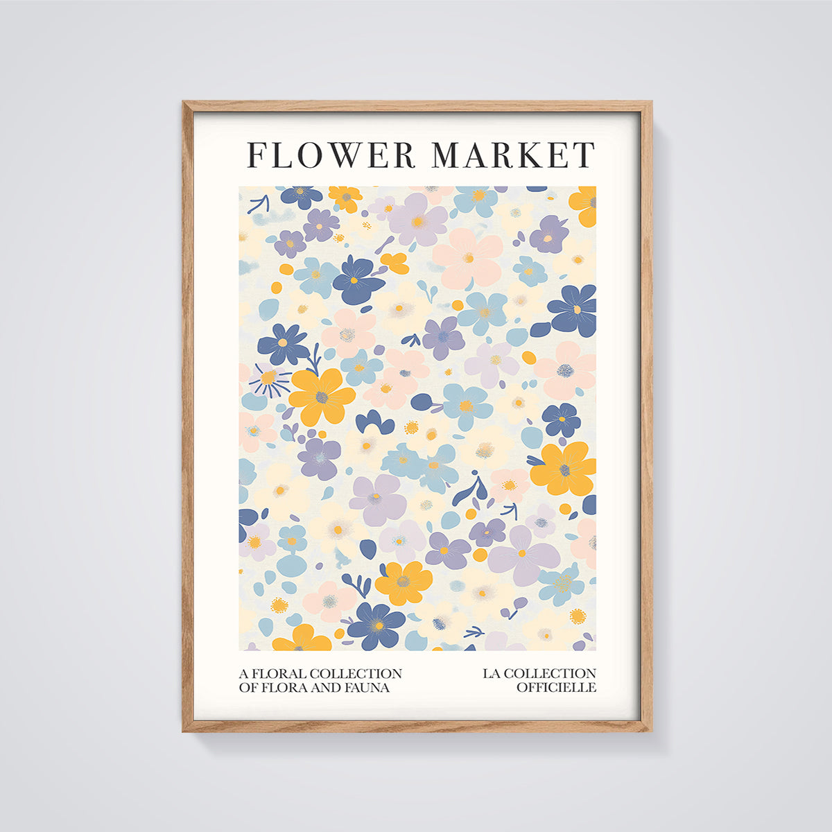 Flower Market Abstract Floral Print Poster framed in oak on a grey background