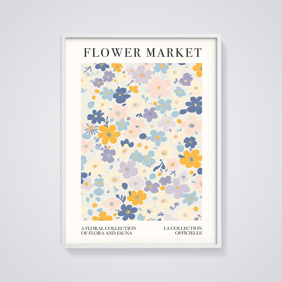 Flower Market Abstract Floral Print Poster framed in white on a grey background