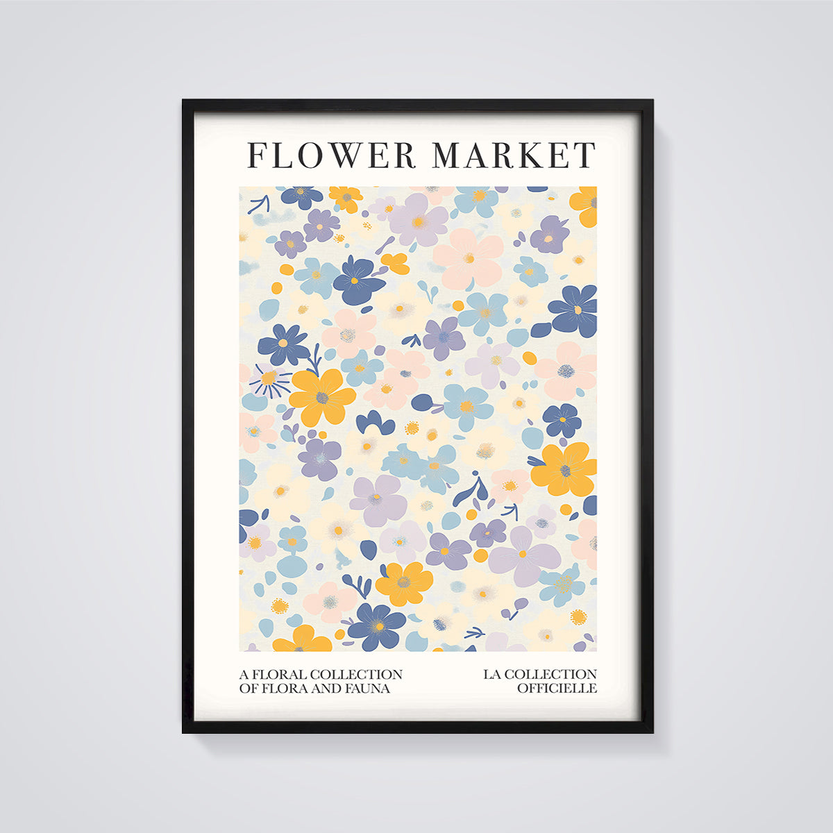 Flower Market Abstract Floral Print Poster framed in black on a grey background