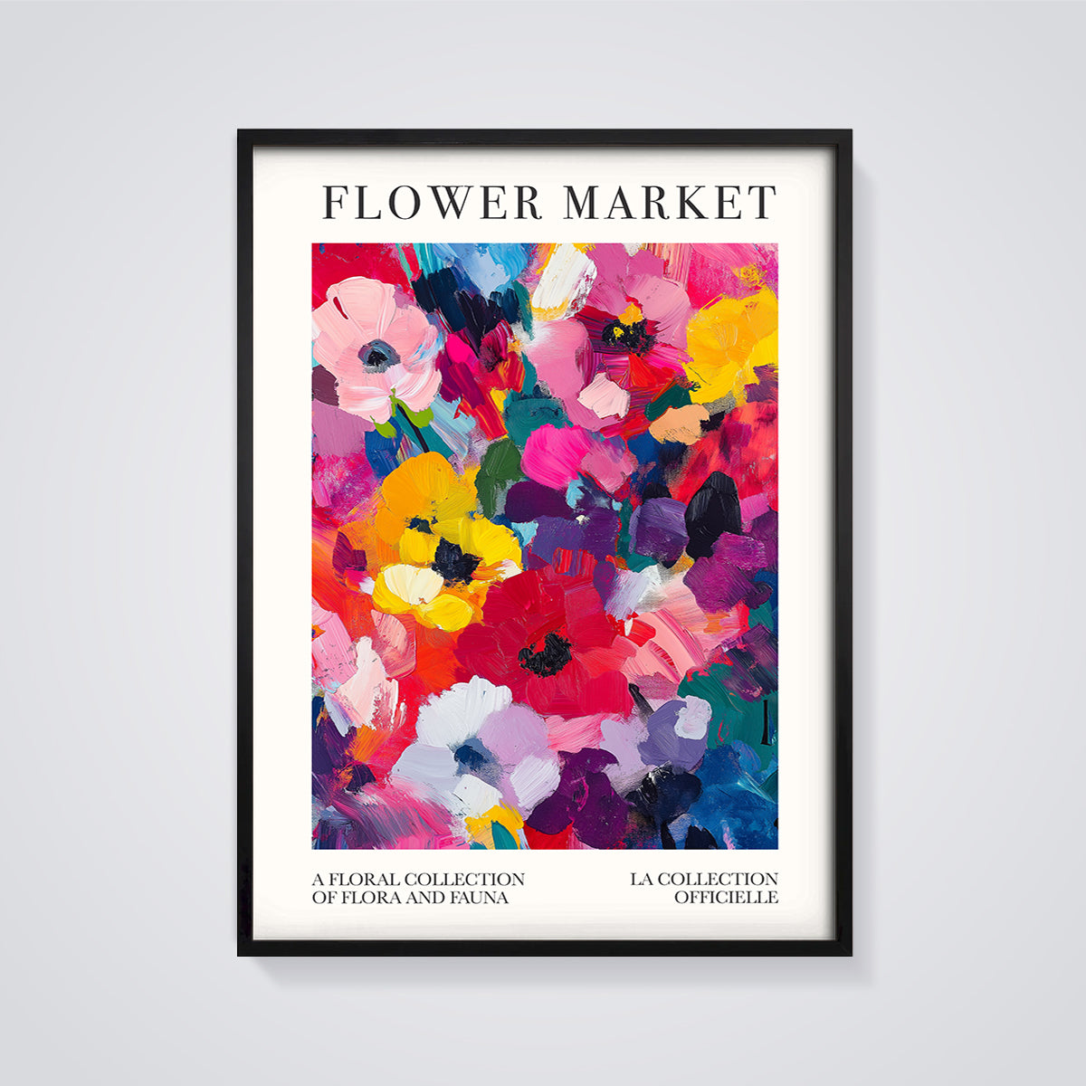 Flower Market Abstract Floral Print framed in black on a grey background
