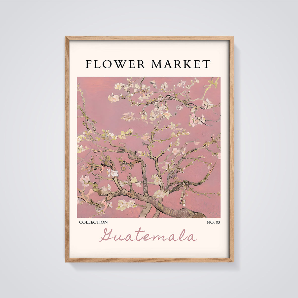 Flower Market Almond Blossoms Print framed in oak on a grey background
