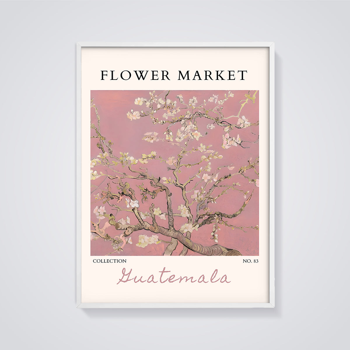 Flower Market Almond Blossoms Print framed in white on a grey background