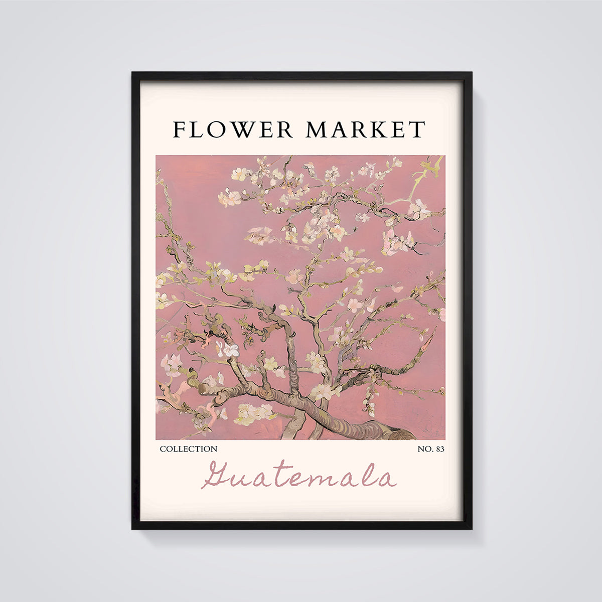 Flower Market Almond Blossoms Print framed in black on a grey background