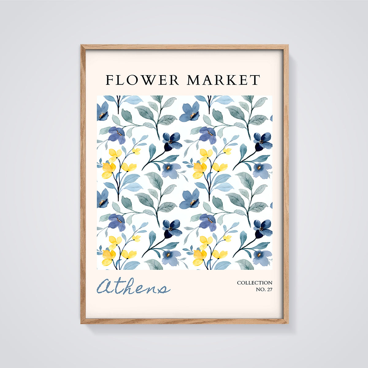 Flower Market Athens Print framed in oak on a grey background