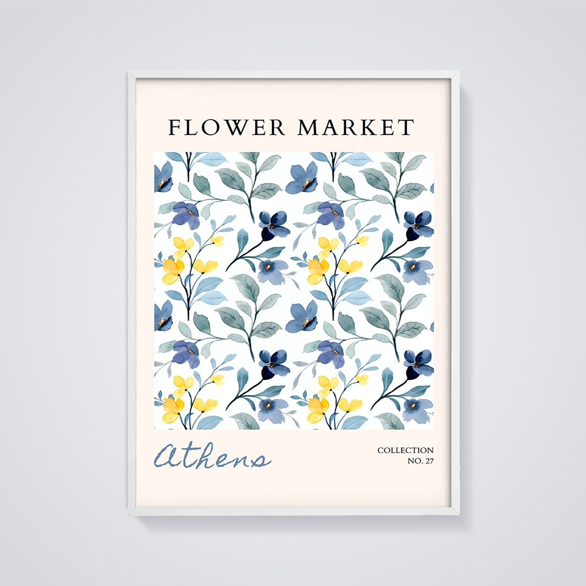 Flower Market Athens Print framed in white on a grey background