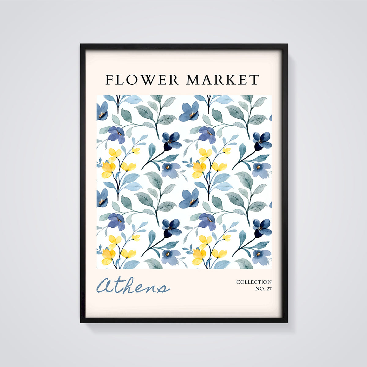 Flower Market Athens Print framed in black on a grey background