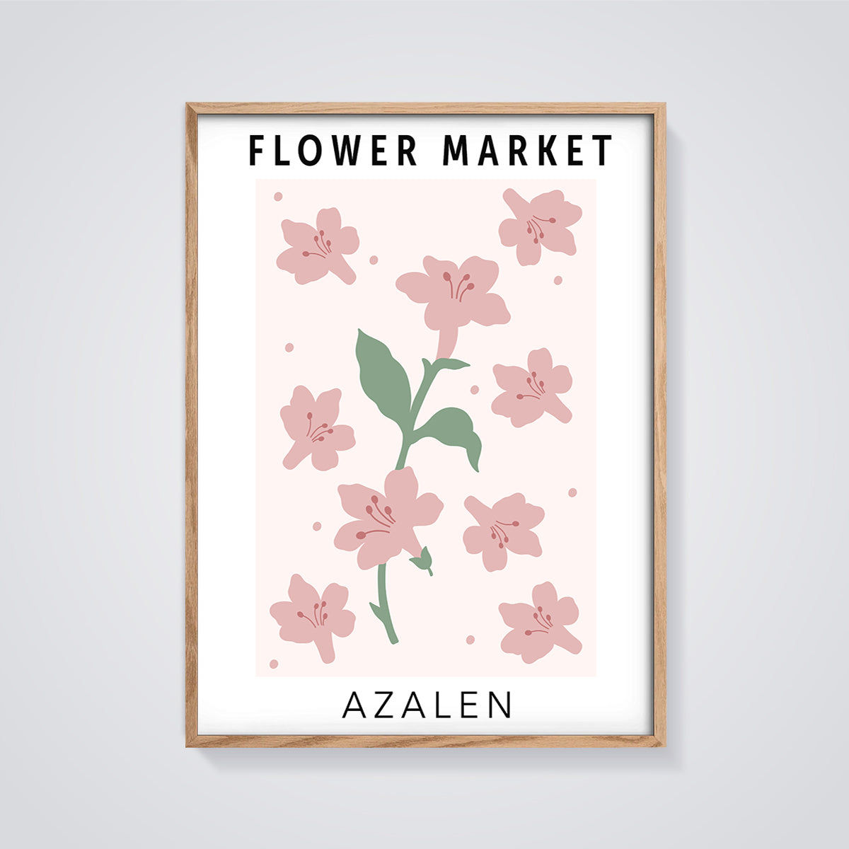 Flower Market Azalen Print framed in oak on a grey background