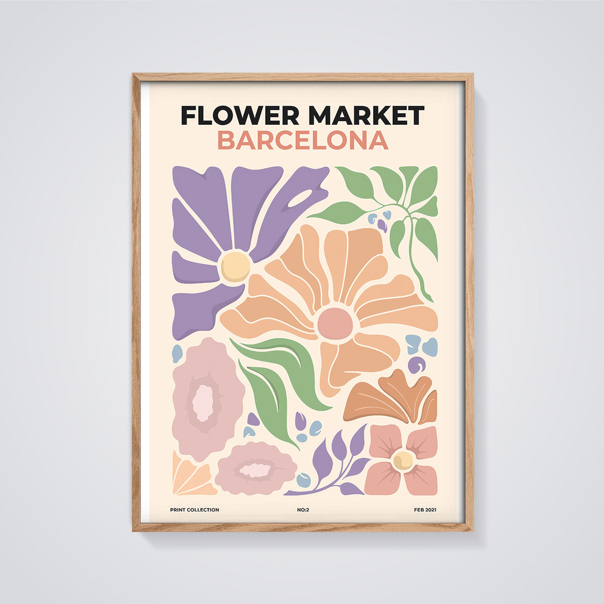 Flower Market Barcelona Abstract Print framed in oak on a grey background