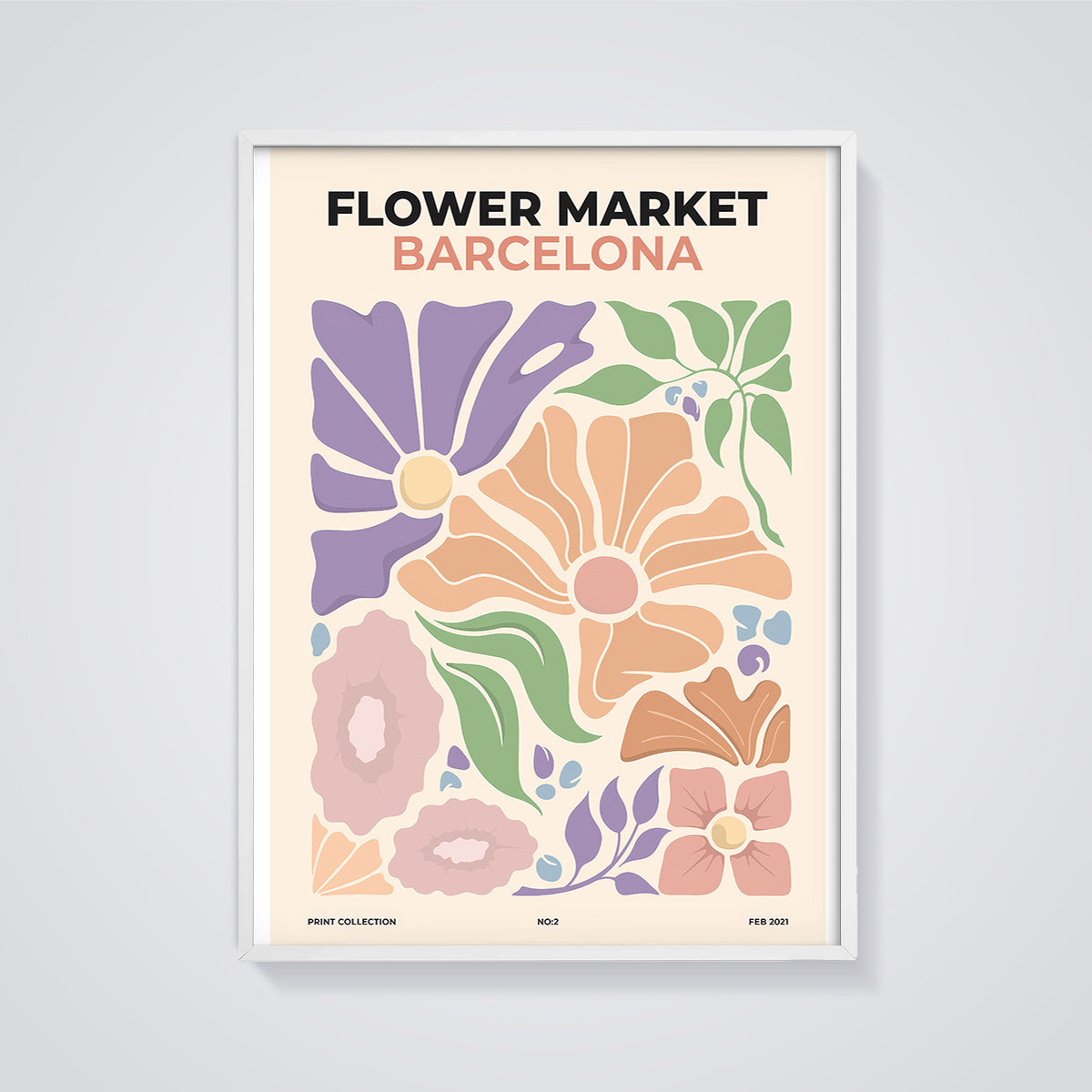 Flower Market Barcelona Abstract Print framed in white on a grey background